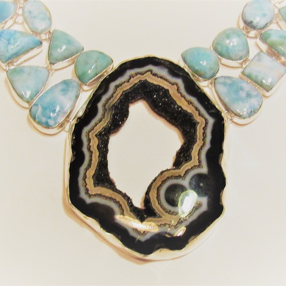 Amazing Larimar Crystal Druzy Agate Slice Necklace - Picture 3 of 8